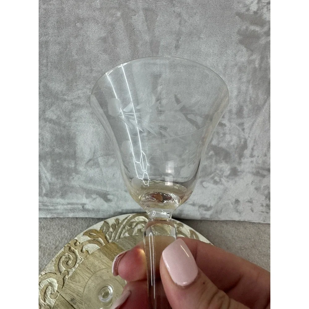 Vintage Etched Floral Crystal Cordial Glasses Set of 2 Clear Stemware 4.5in